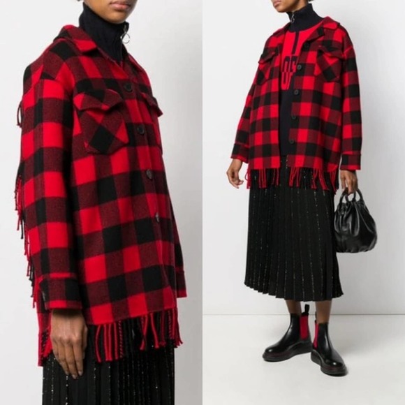 Sandro Paris Check Plaid Fringed-Trim Wool-Blend Jacket In Rouge/noir Red Size 4 - Picture 4 of 11